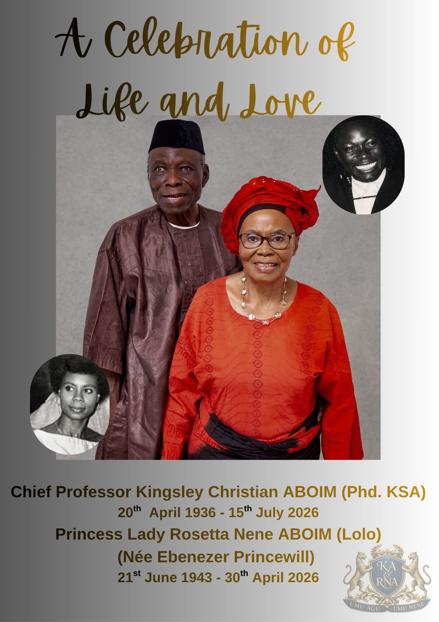 Celebration of Life & Love poster for Chief Prof Kingsley Christian Chukwunenye Aboim (PhD, KSA) and Princess Lady Rosetta Nene Aboim (Lolo)